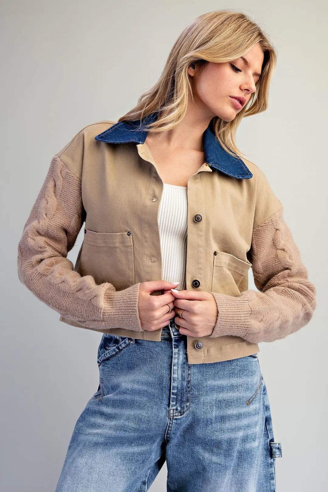 Mineral Washed Denim Knit Sleeve Jacket