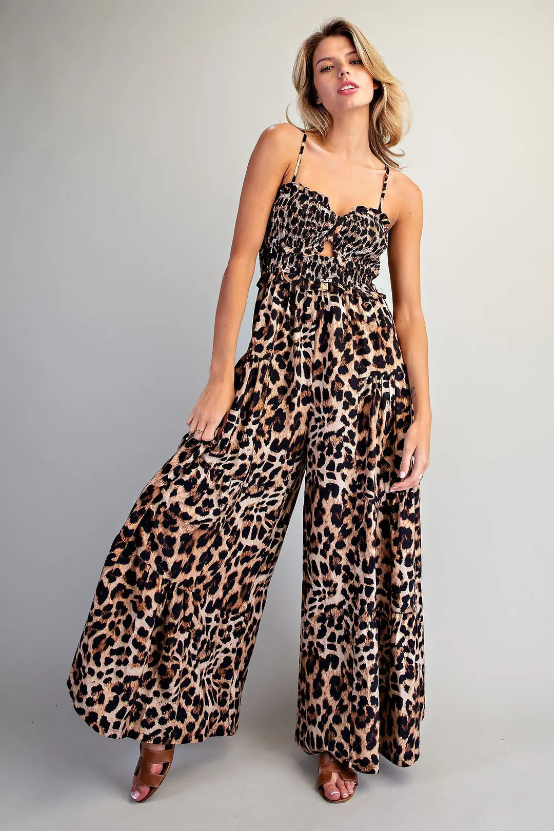 Smocked Leopard Wide Leg Jumpsuit