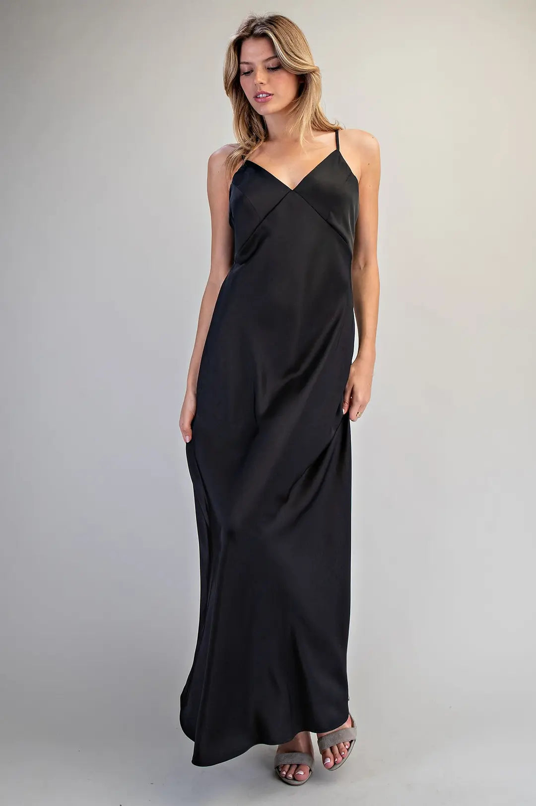 Solid Satin V-Neck Maxi Dress