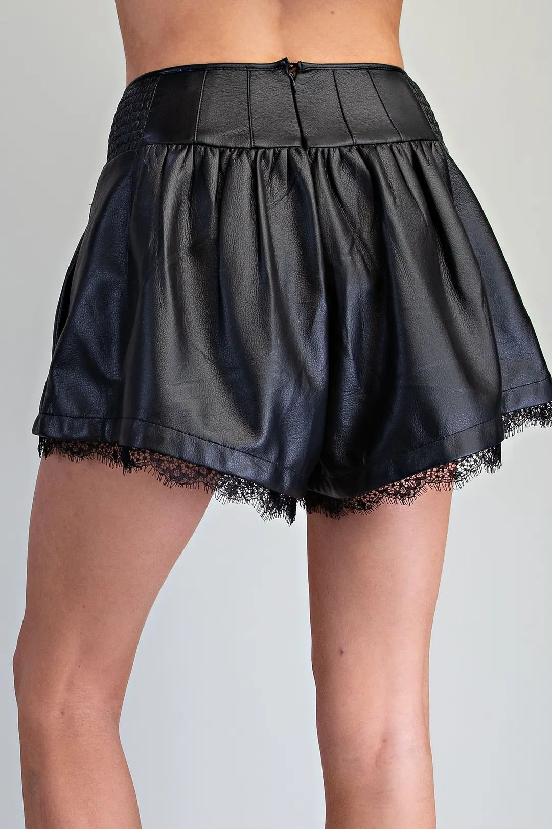Black Pleather Lace Trim Pleated Shorts