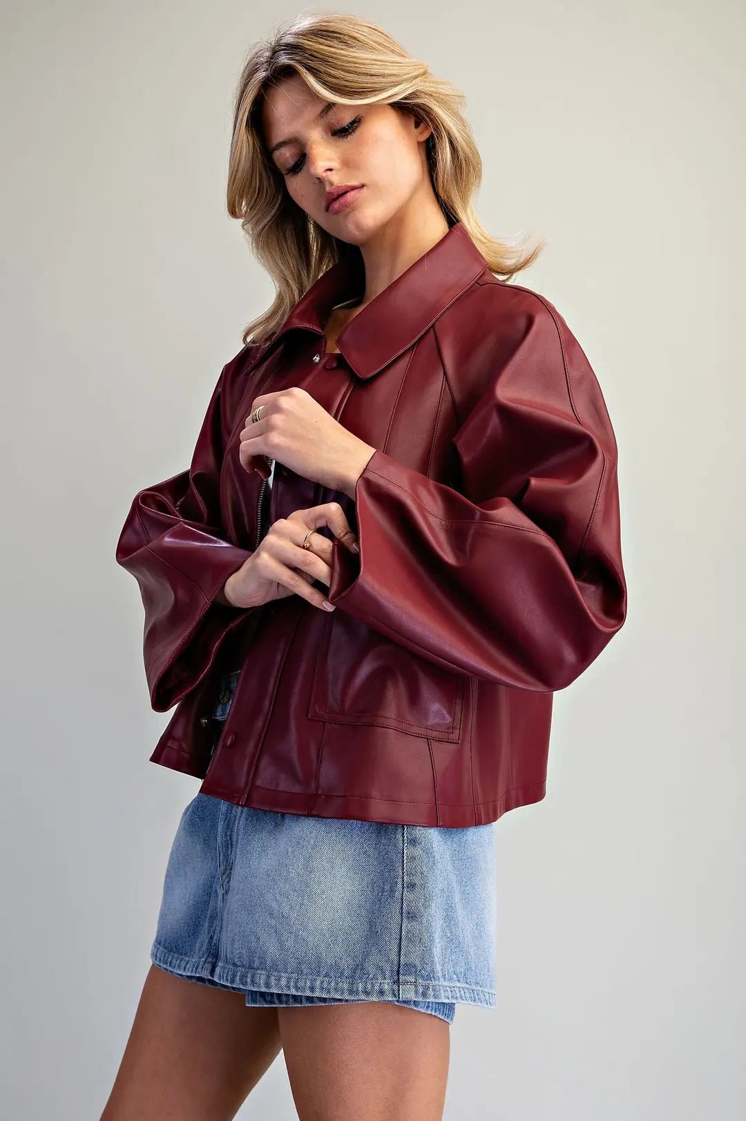 Pleather Snap Button Zip Up Jacket