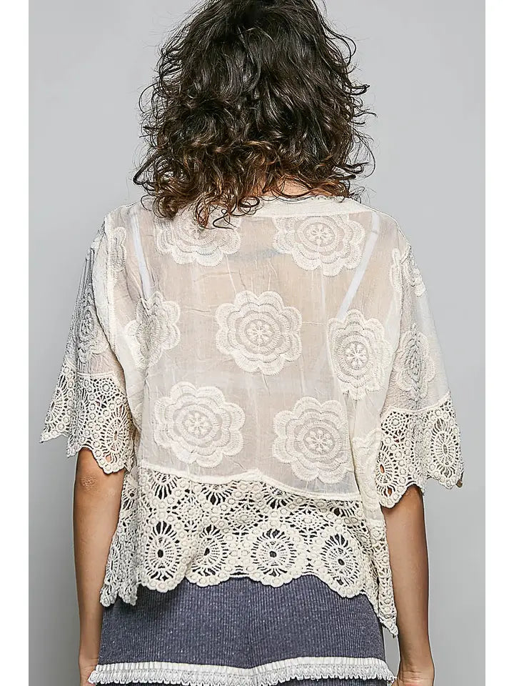 Crochet Trim Neckline Short Sleeve Jacket Top
