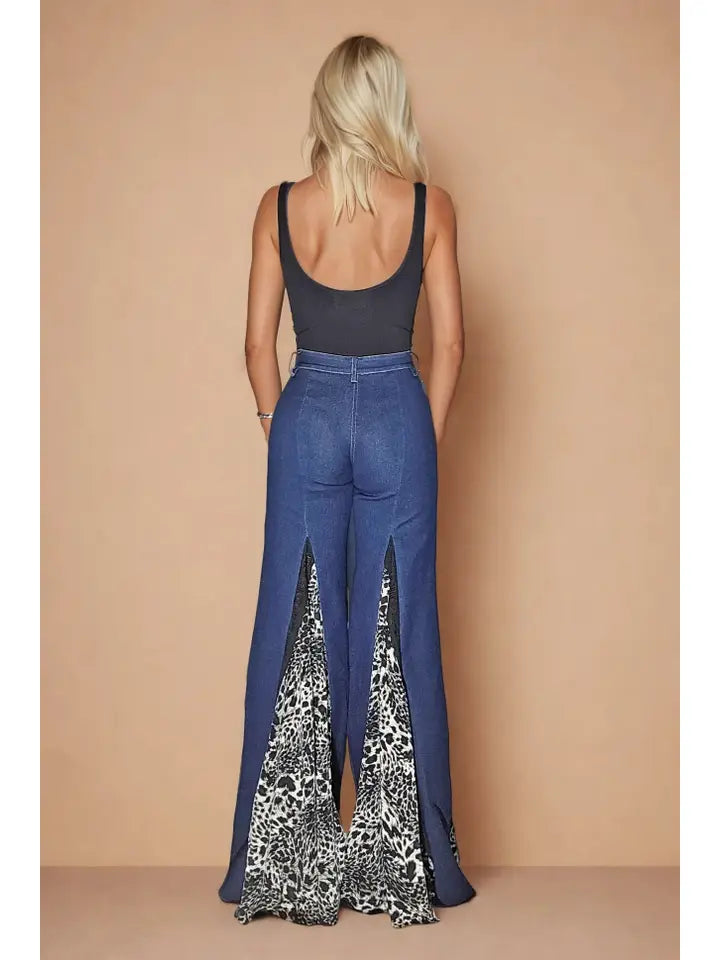 Leopard and Lace Wide Leg Boho Denim Jeans