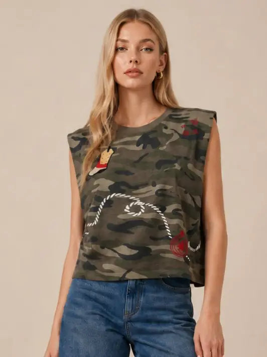 SLEEVELESS Embroidery Camo Print Top