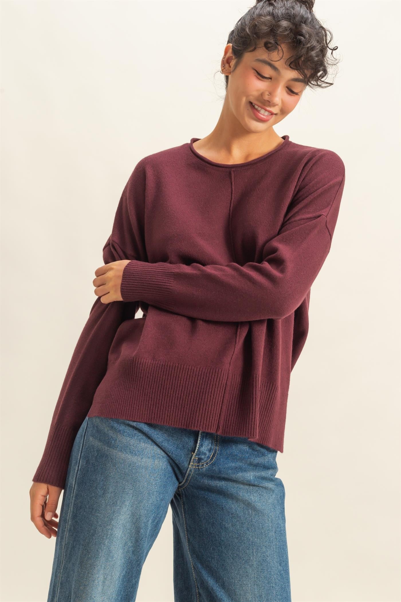 Maroon Roll Neck Drop Shoulder Sweater