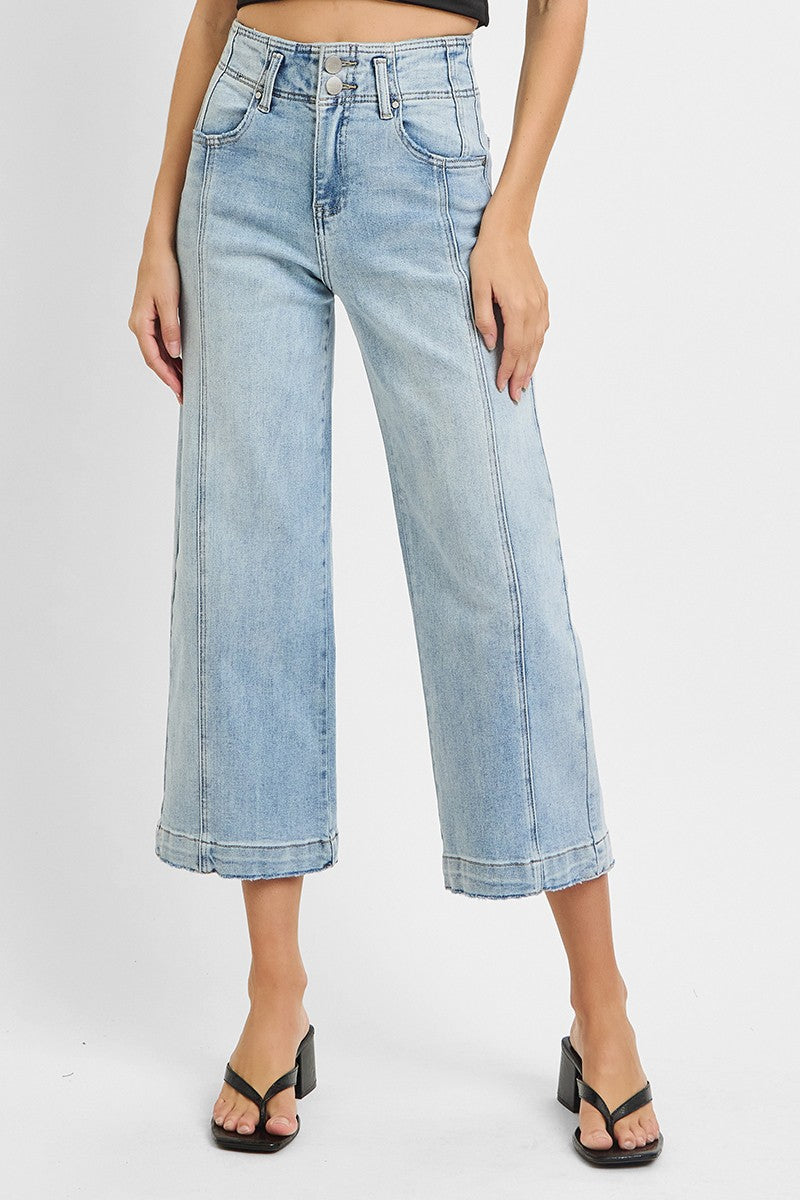 Risen High Rise Crop Wide Front Seam Detail Jeans
