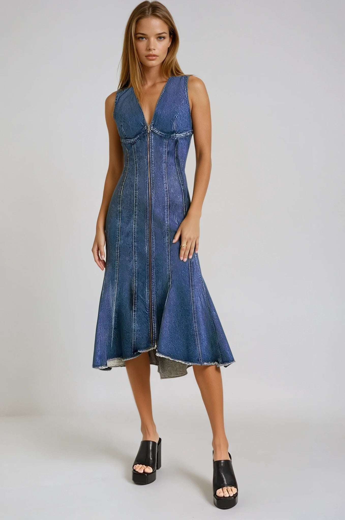 Panelled Denim Midi Dress