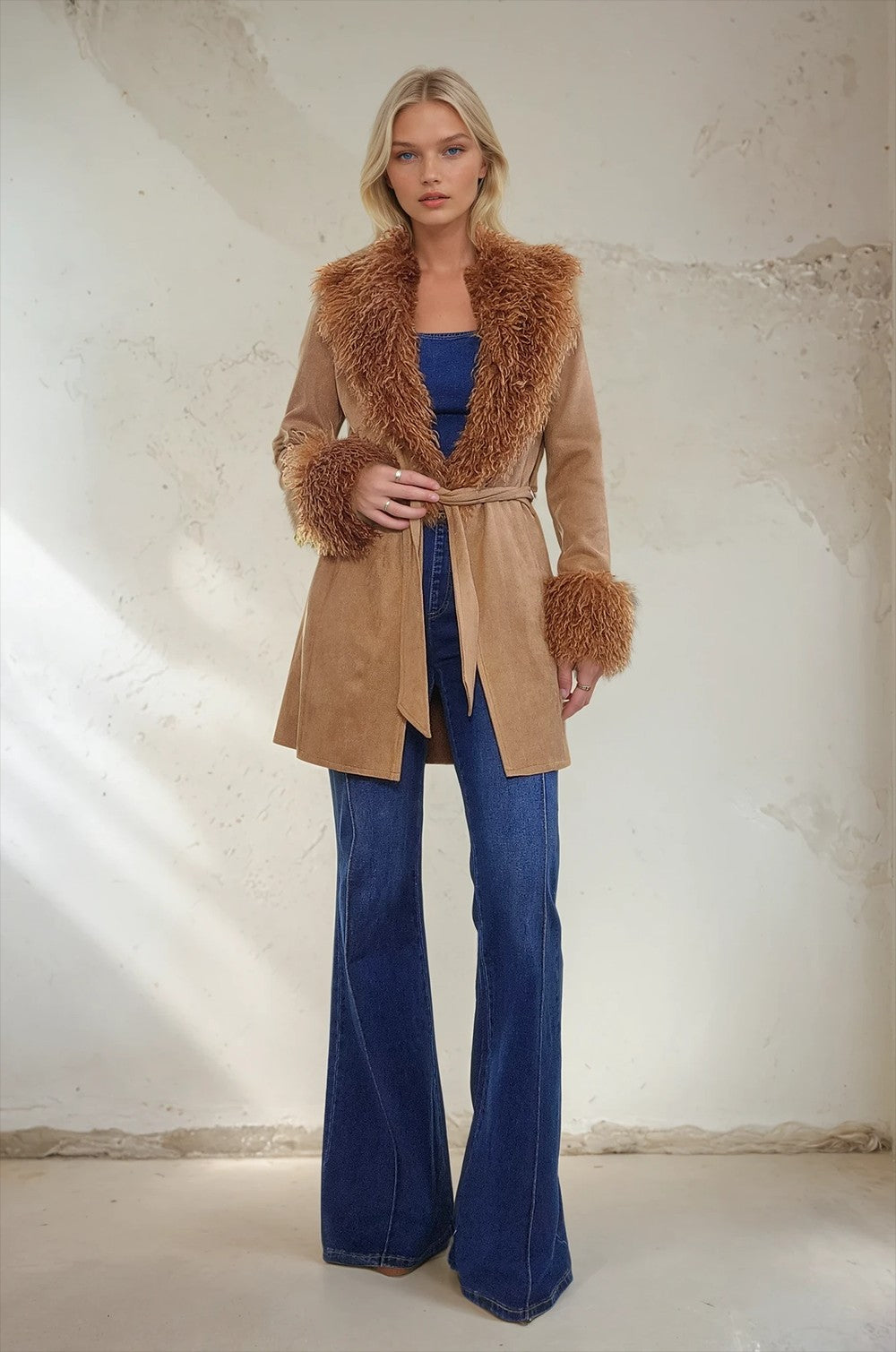 Penny Lane Faux Suede Fur Trim Coat