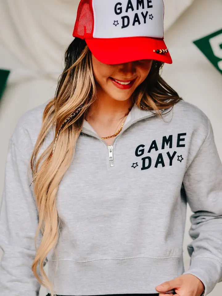 Game Day Lt Gray Half-Zip Cropped Sweatshirt