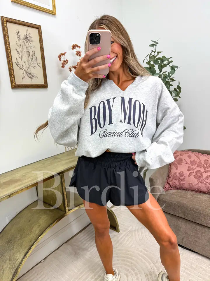 Boy Mom Split Neck Graphic Crewneck On Ash Gray