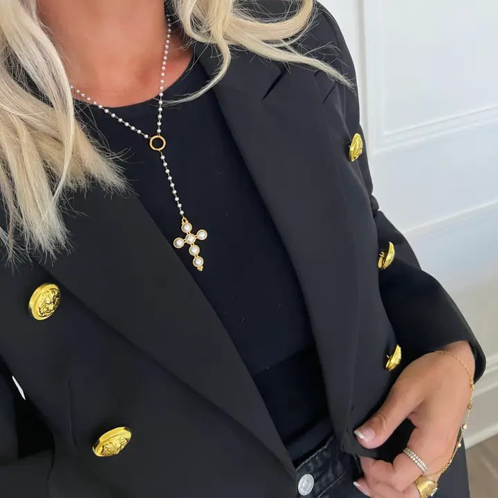 Lariat Pearl Cross Necklace
