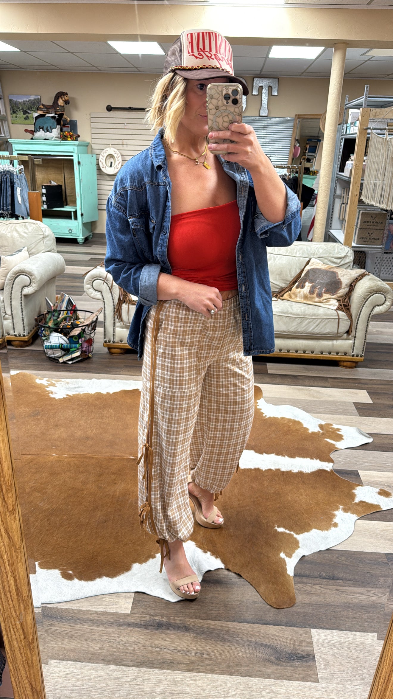 Plaid Elastic Waist Bow Tie Contrast Detail Jogger Pants