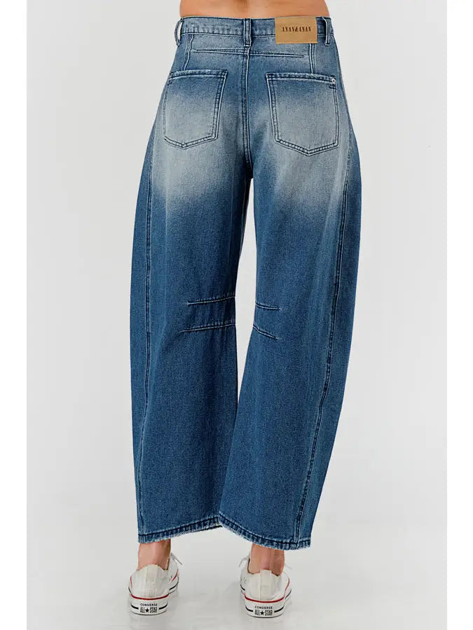 Distressed Baggy Mid Rise Barrel Denim Pants