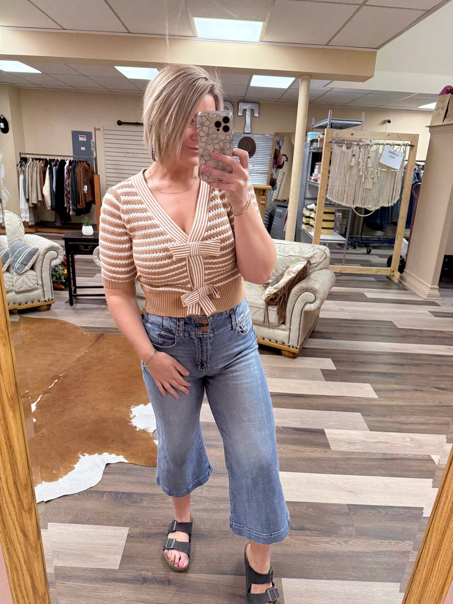 Striped V-Neck Short Sleeve Knit Cardigan