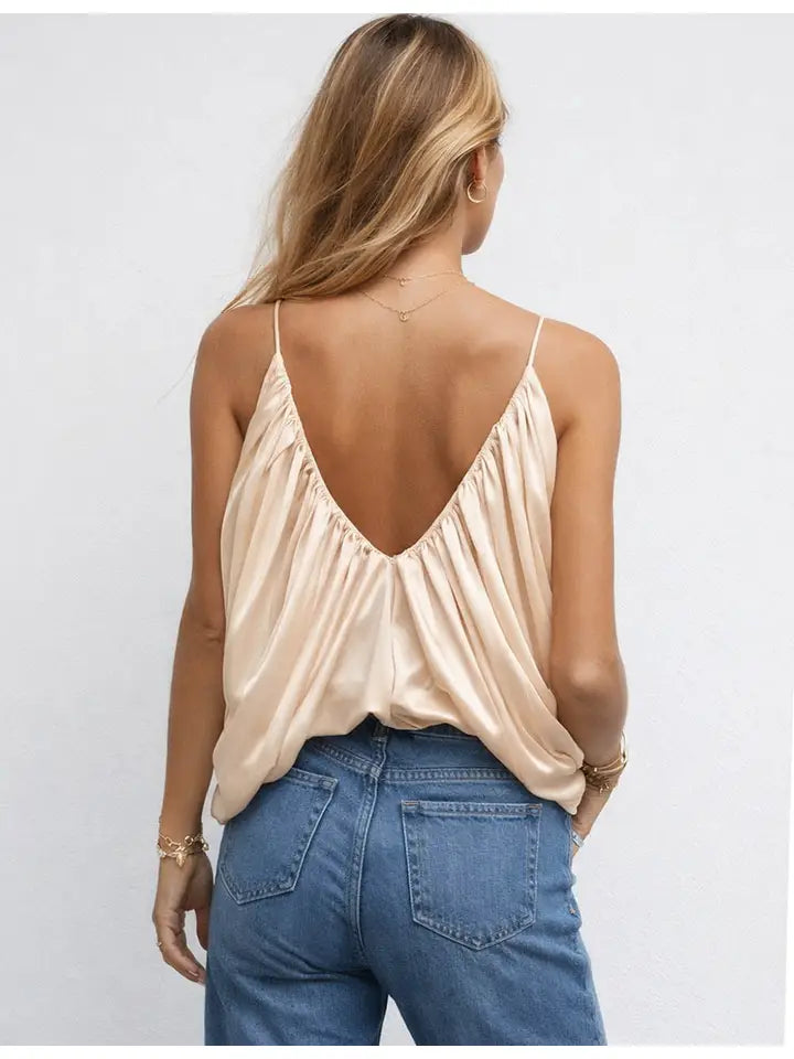 Satin V-Neck Ruched Solid Color Crop Cami Top