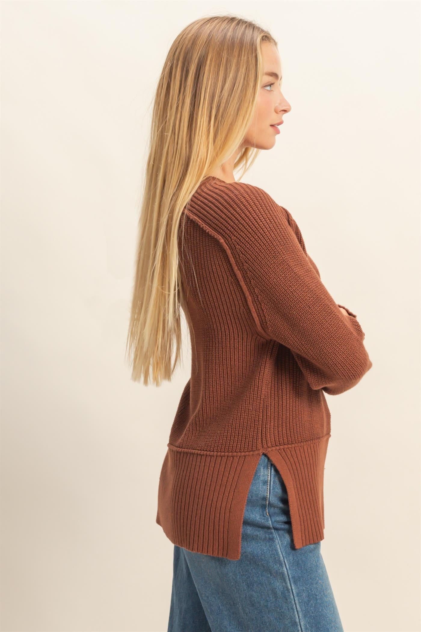 Raglan Long Sleeve Side Slit Sweater