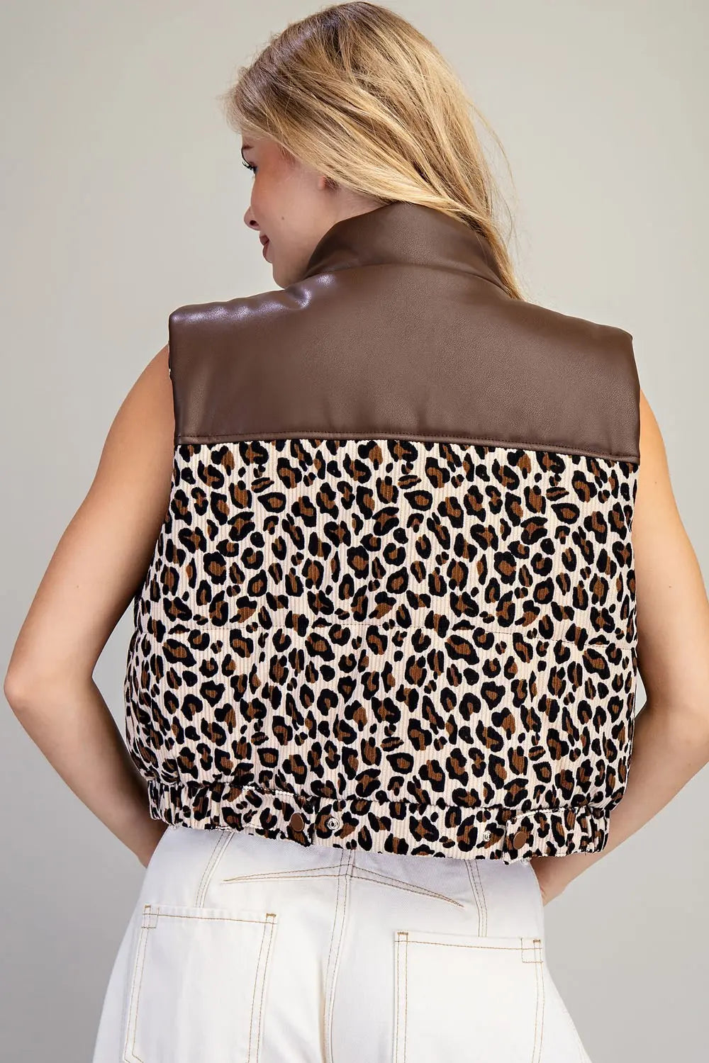 Leopard Pleather Contrast Mock Neck Vest