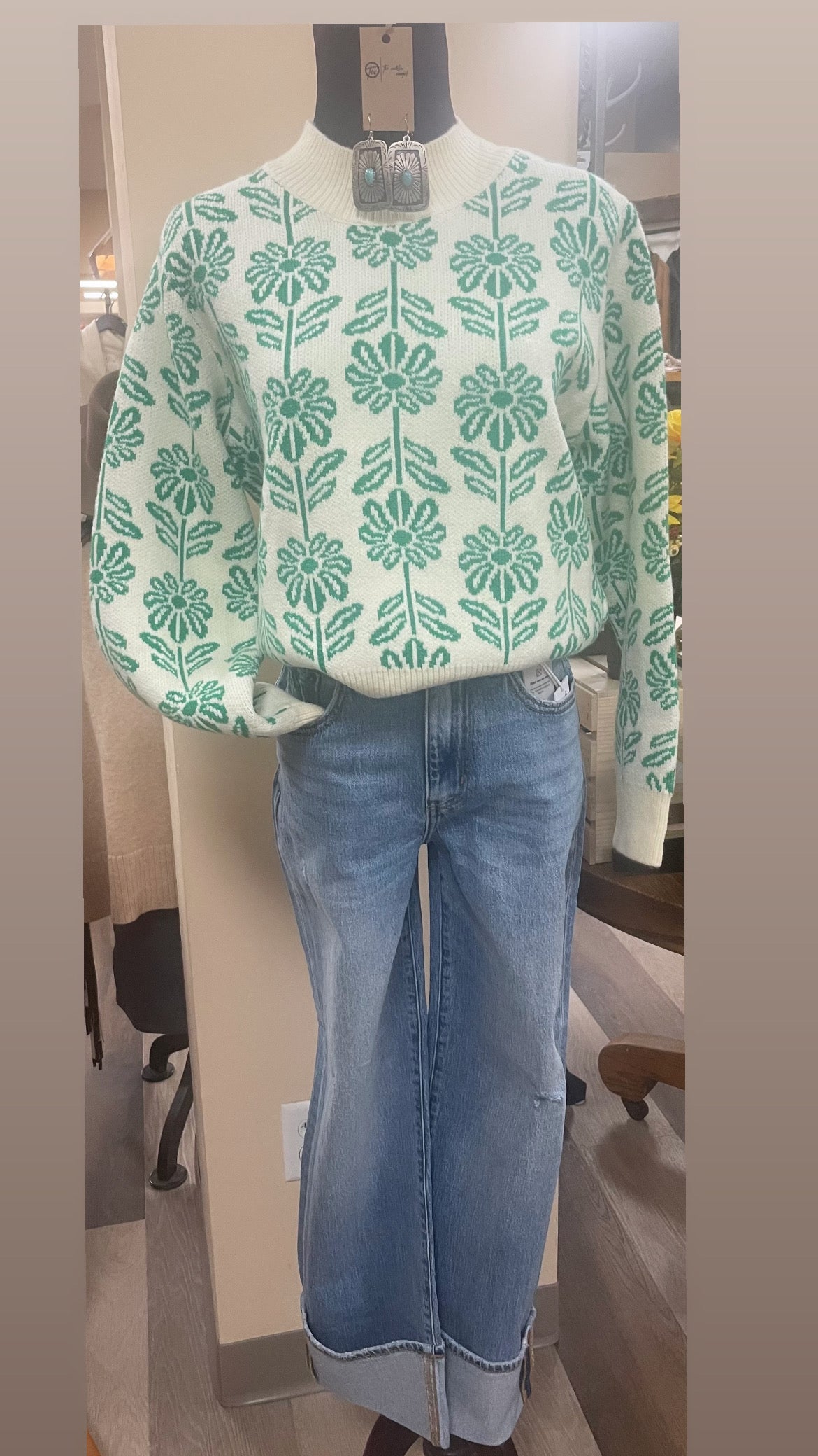 Flower Pattern Round Neck Sweater