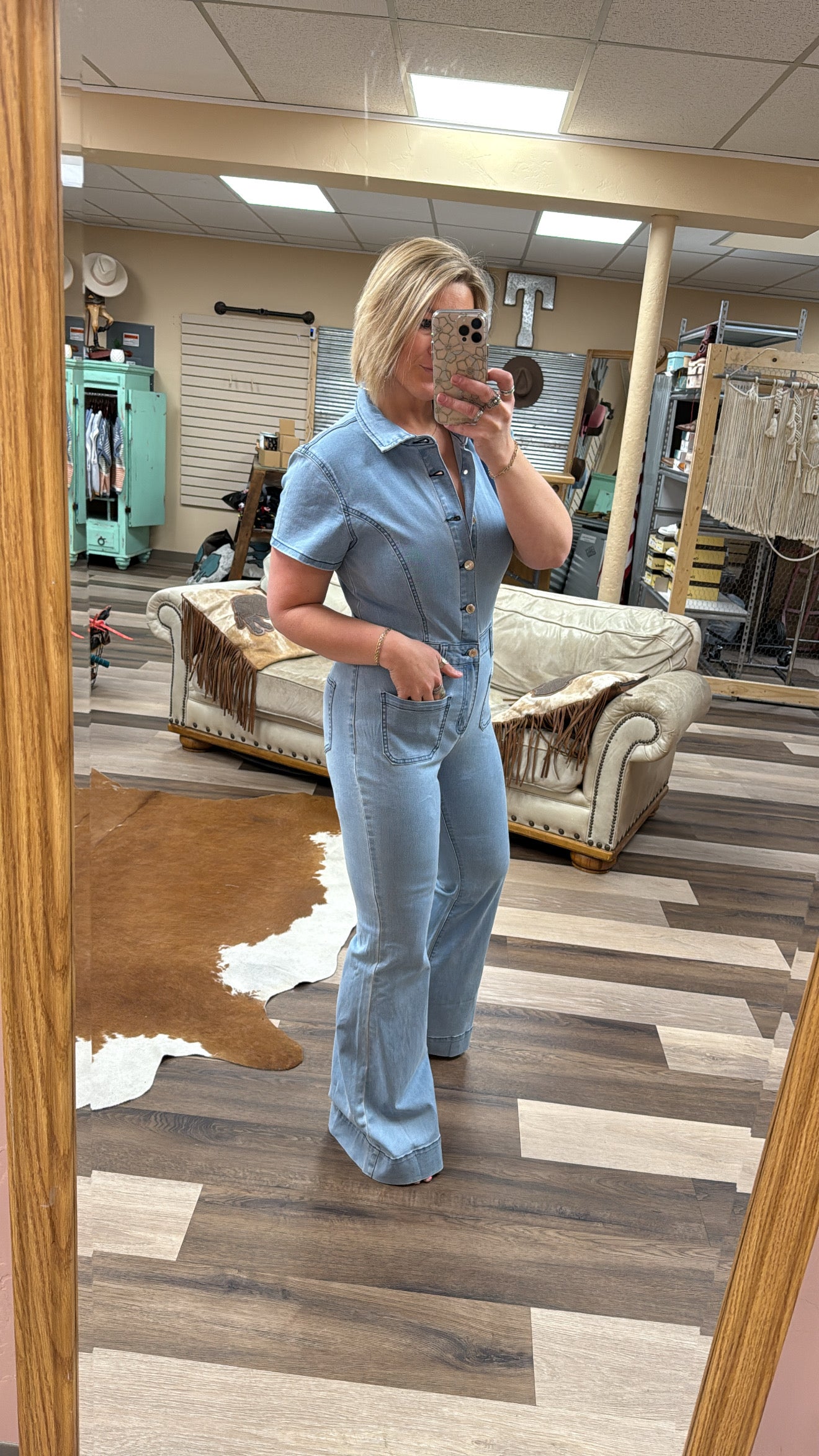 Light Wash Collared Denim Jumpsuit