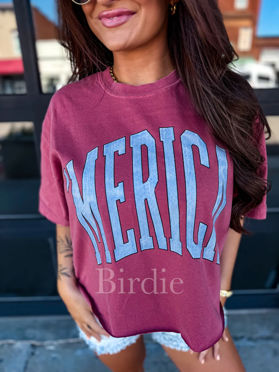 Denim 'MERICA Cropped Graphic Tee on Crimson