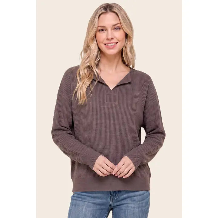 Spilt Neck Mini Waffle Sweater
