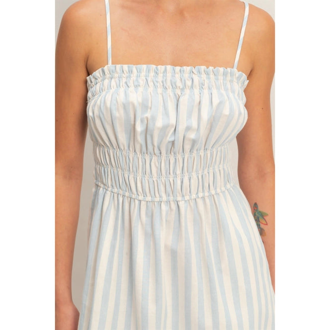 Striped Spaghetti Strap Smocking Midi Dress
