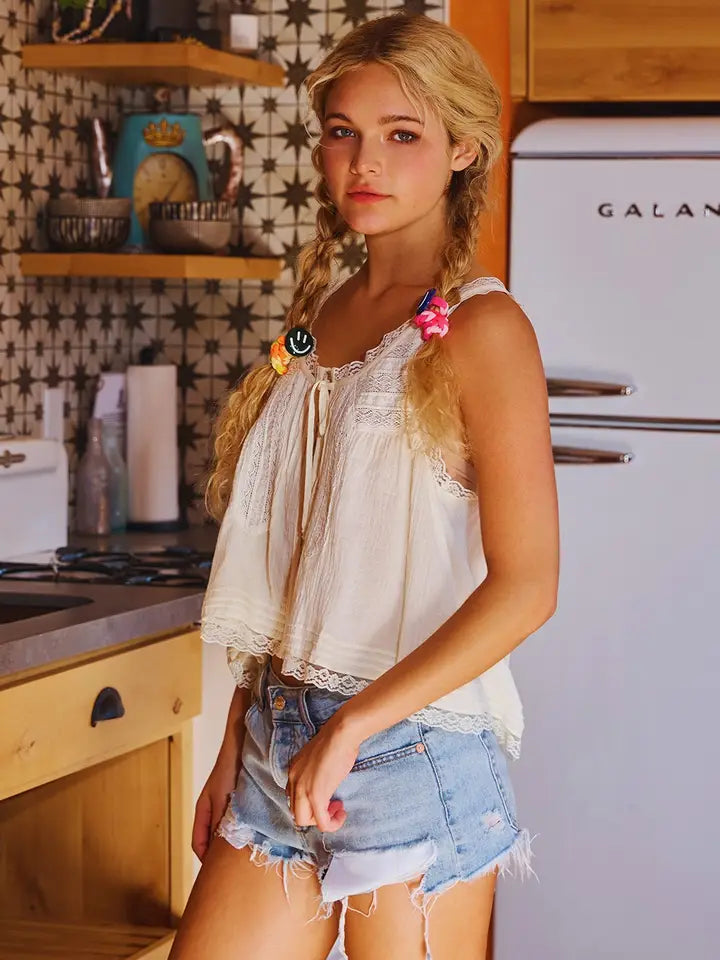 Bow Tie Front Lace Trimmed Tank Top