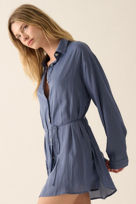 Violet Blue Solid Button Down High-Waisted Belt Shirt Romper