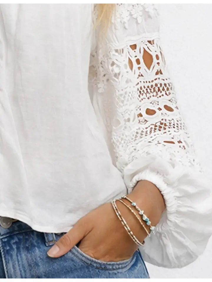 Ladies Embroidery Hollow-Out V-Neck Button Long Sleeves Blouse