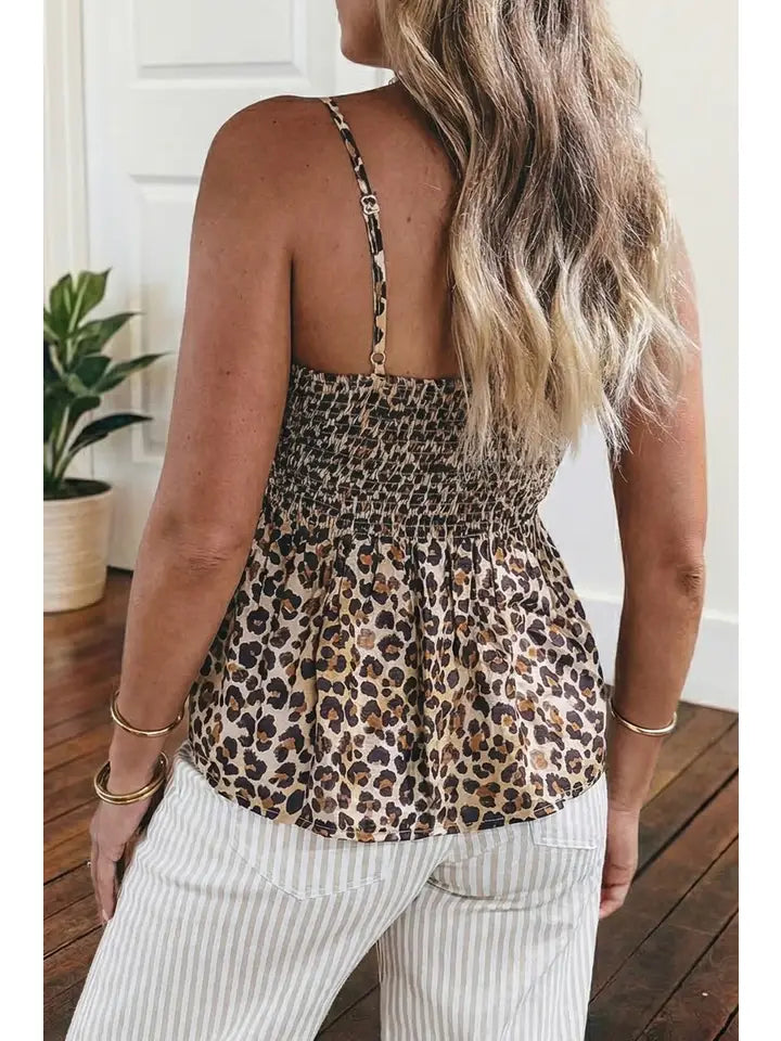 Leopard Spaghetti Straps Shirred Ruffle Tank Top