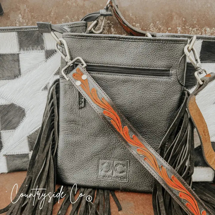 Checkered Cowhide Bolt Purse with Tooled Leather Strap