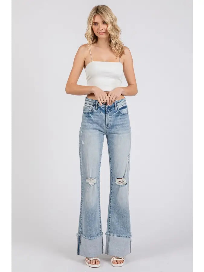 High Rise Super Stretch Wide Flare w/ Cuffed Hem