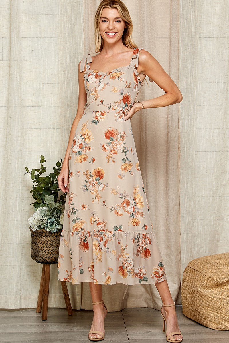 tea length taupe dress with fall flowers