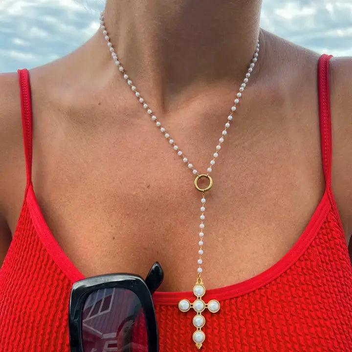 Lariat Pearl Cross Necklace