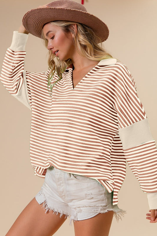 Stripe V Neck Collard Top