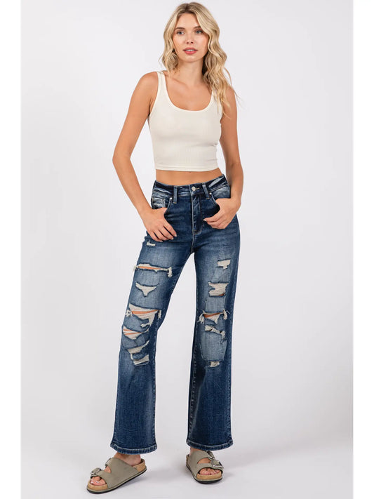 Destroyed High Rise Super Stretch Slim Wide Leg