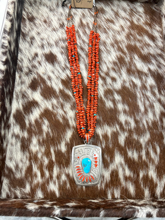 Turquoise and Red Coral 28" with Pendant