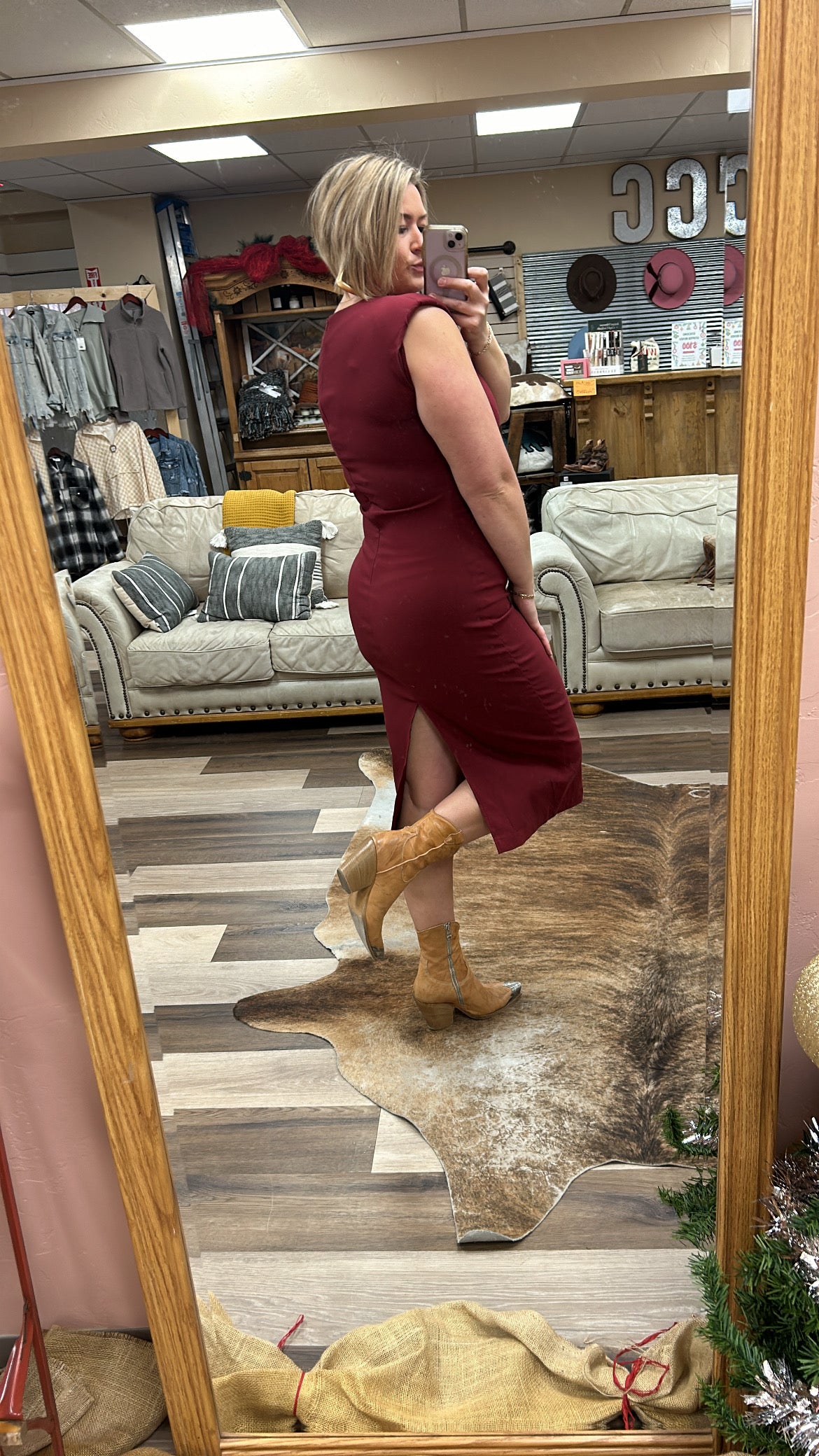 Burgundy Fitted Midi Dress