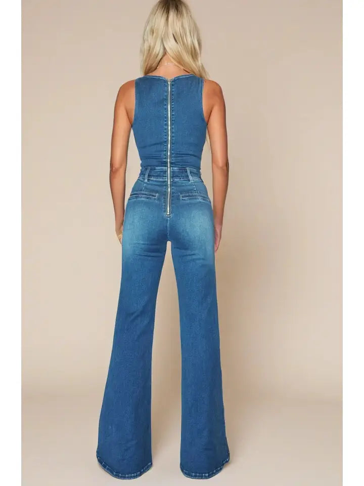 back view - blue denim jumpsuit