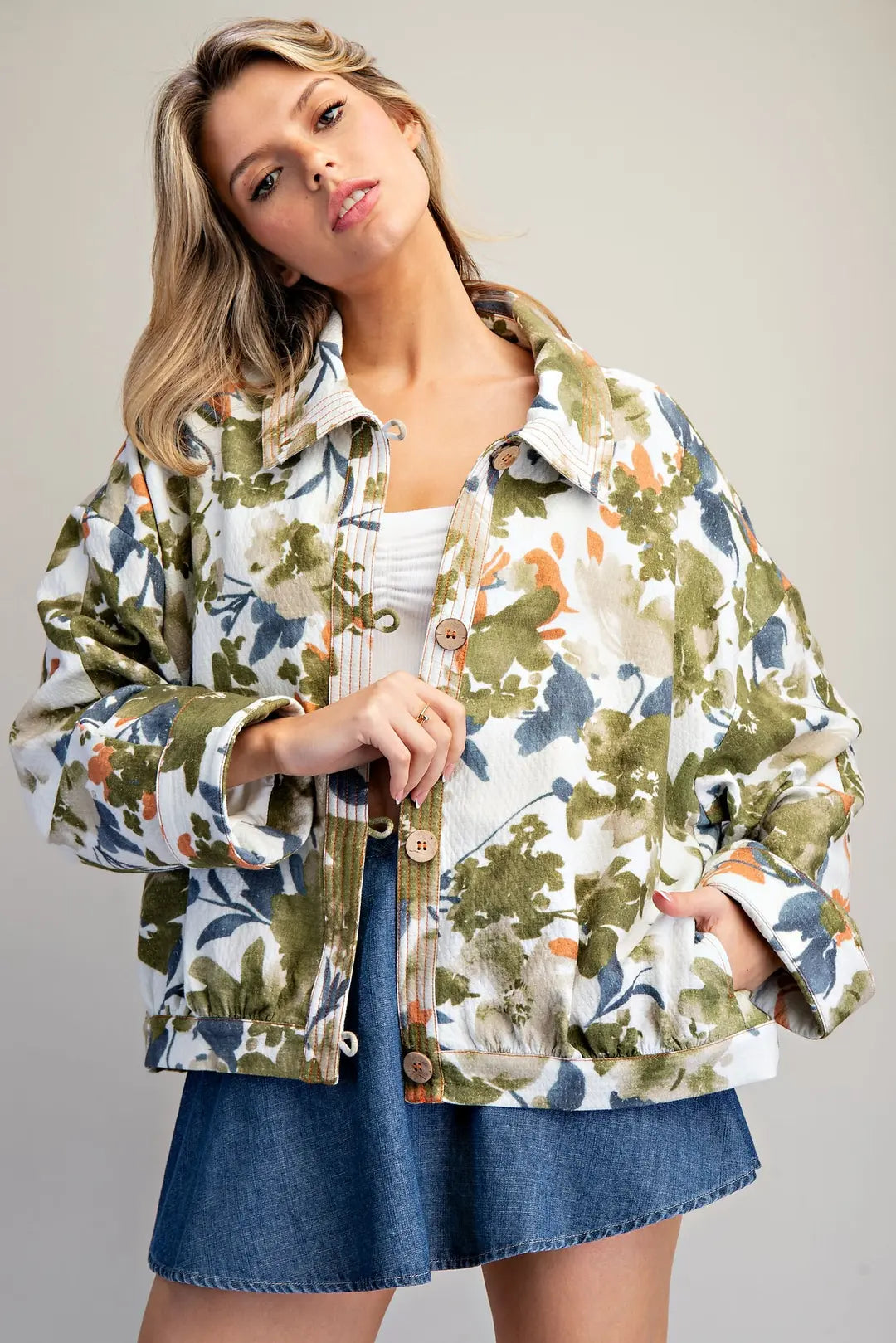 Floral Print Loop Button Down Jacket