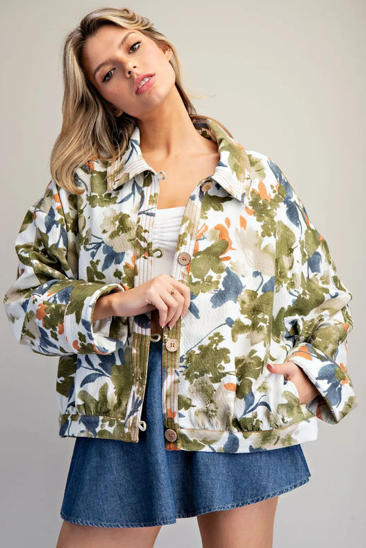 Floral Print Loop Button Down Jacket