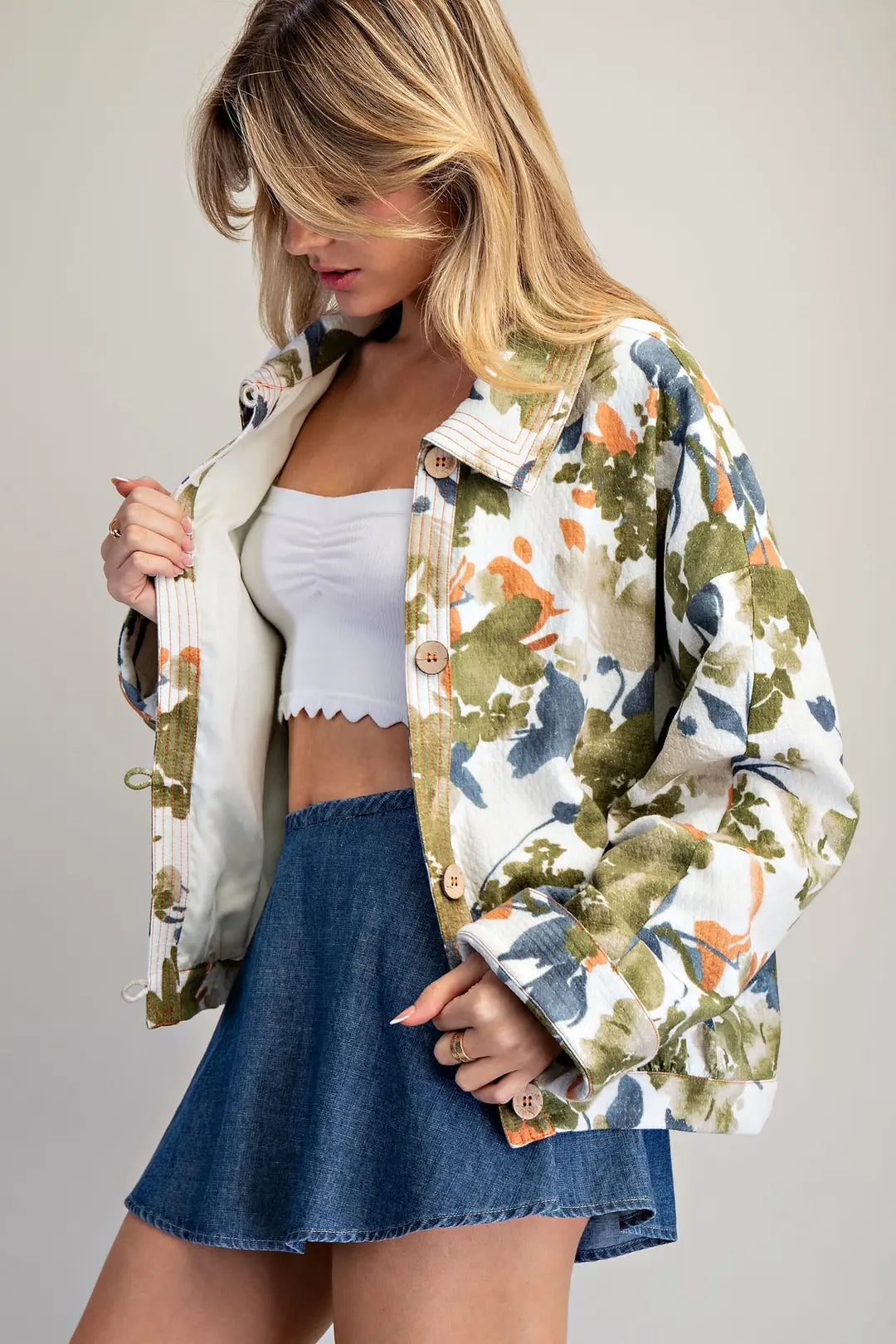 Floral Print Loop Button Down Jacket