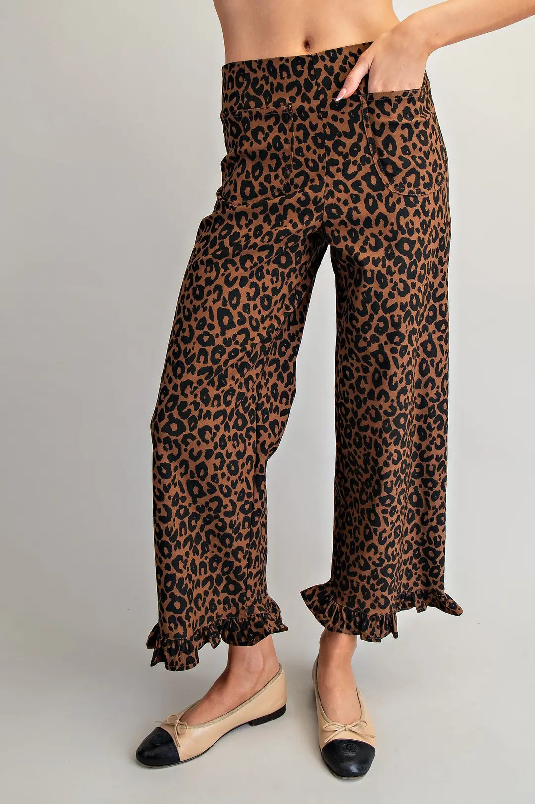 Leopard Zipper Back Ruffled Hem Pants
