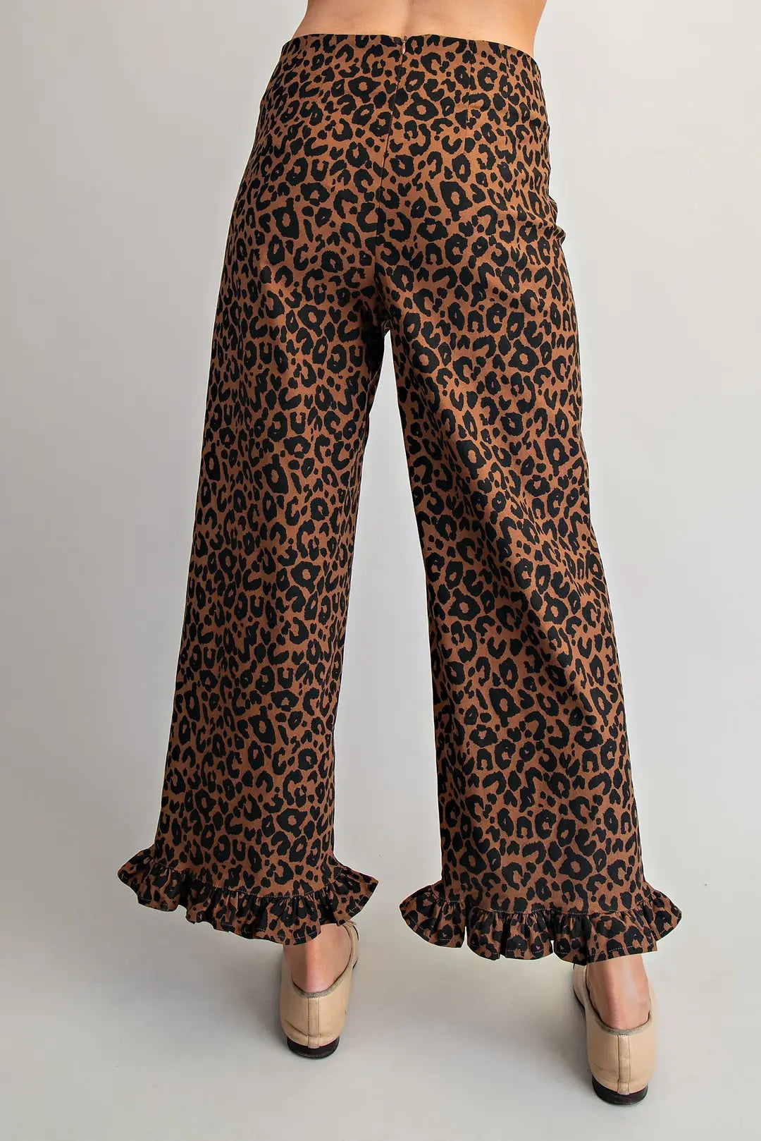 Leopard Zipper Back Ruffled Hem Pants