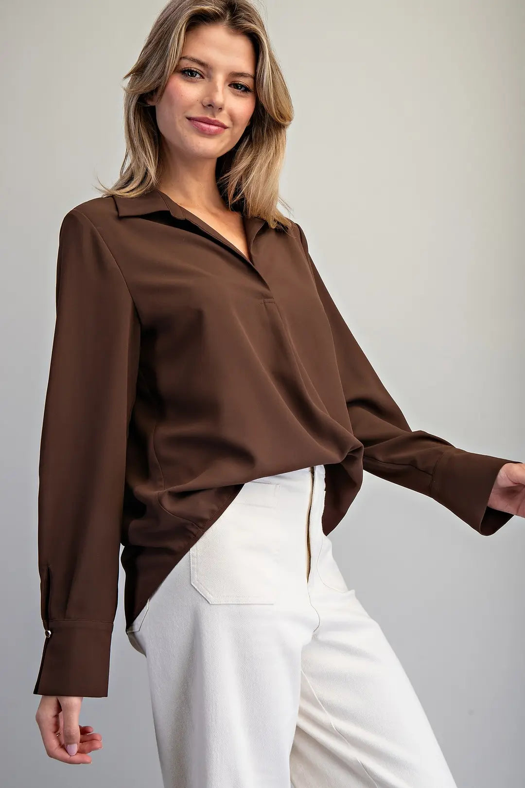 Solid Collared V-Neck Blouse in Chocolate