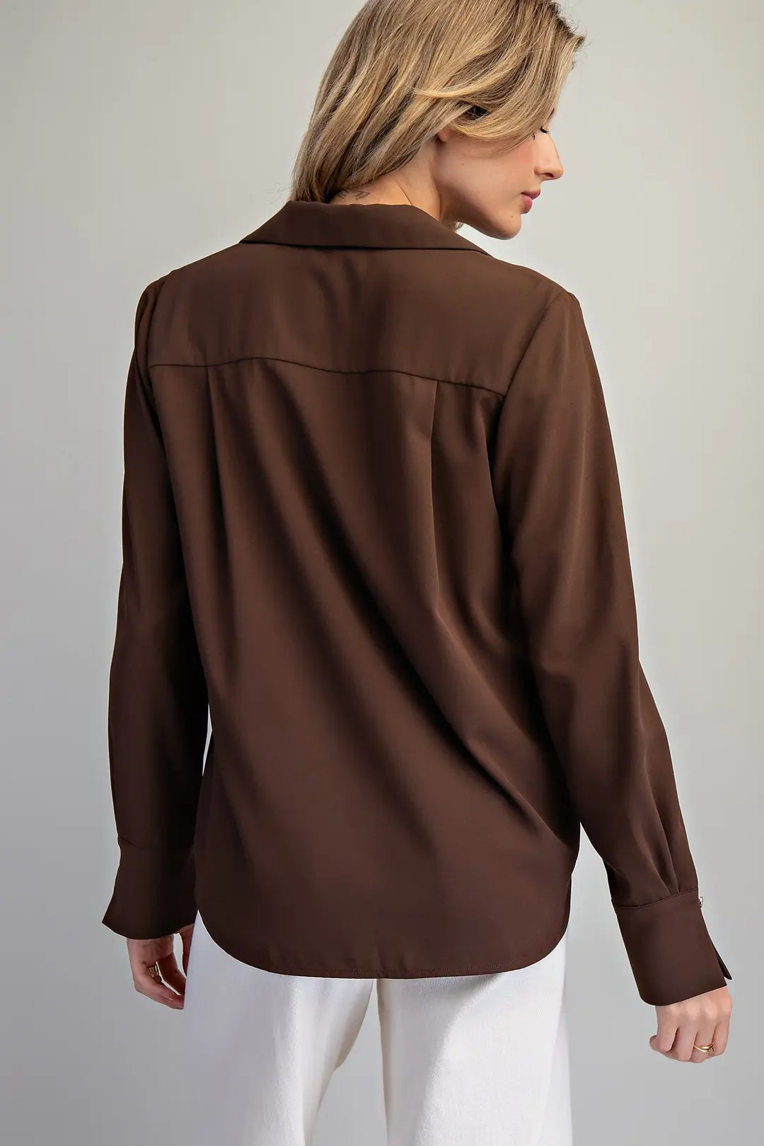 Solid Collared V-Neck Blouse in Chocolate