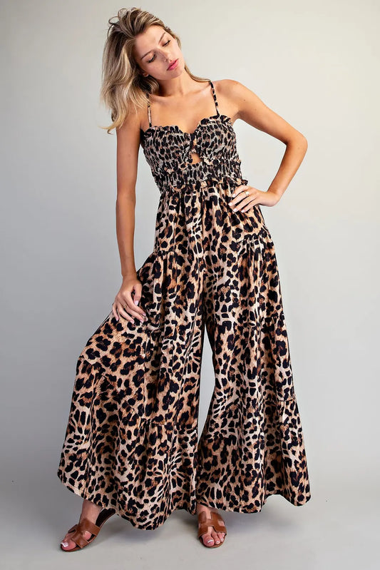 Smocked Leopard Wide Leg Jumpsuit