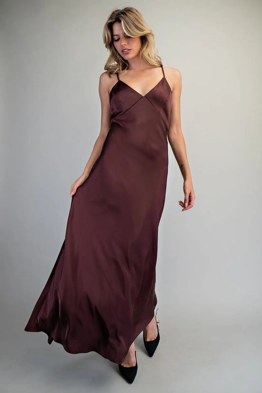 Solid Satin V-Neck Maxi Dress