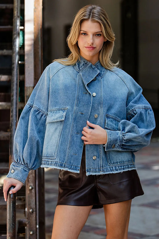 Mineral Washed Balloon Sleeve Denim Jacket