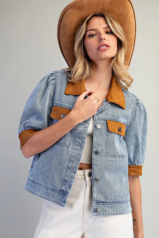 Mineral Washed Suede Contrast Puff Sleeve Jacket